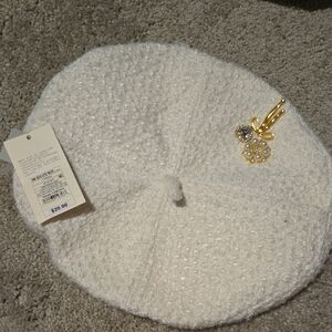 a new day White Bouclé Beret with Gold Floral Pin, New